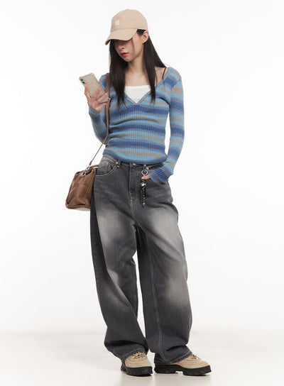 stripe-buttoned-layered-top-cm518 / Blue