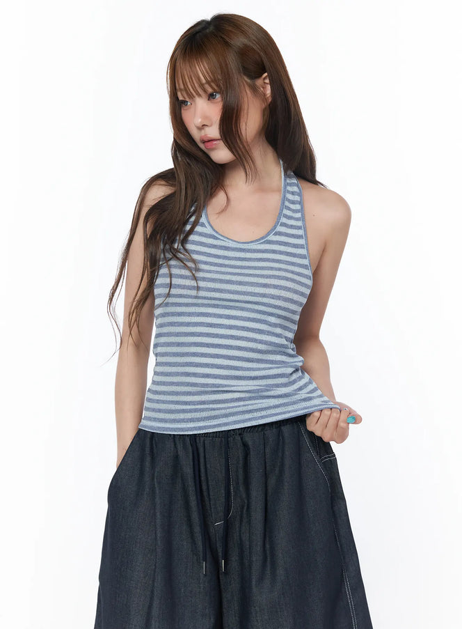 casual-striped-halter-tank-top-cy529 / Blue