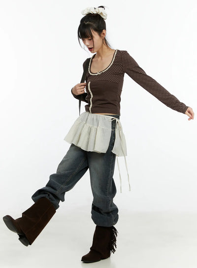 u-neck-polka-dot-lace-long-sleeve-top-cf509 / Brown