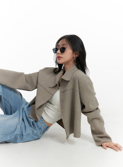 solid-collar-zipper-jacket-om408 / Brown