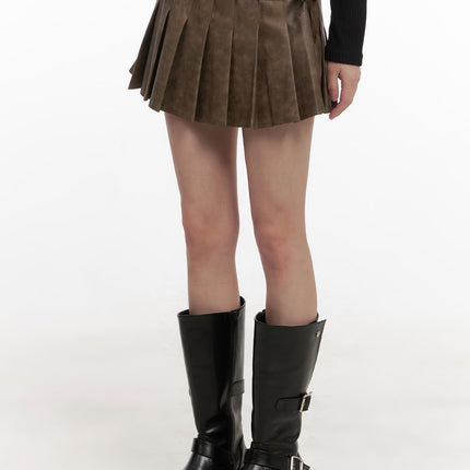 pleated-faux-leather-lace-up-mini-skirt-cd426 / Brown