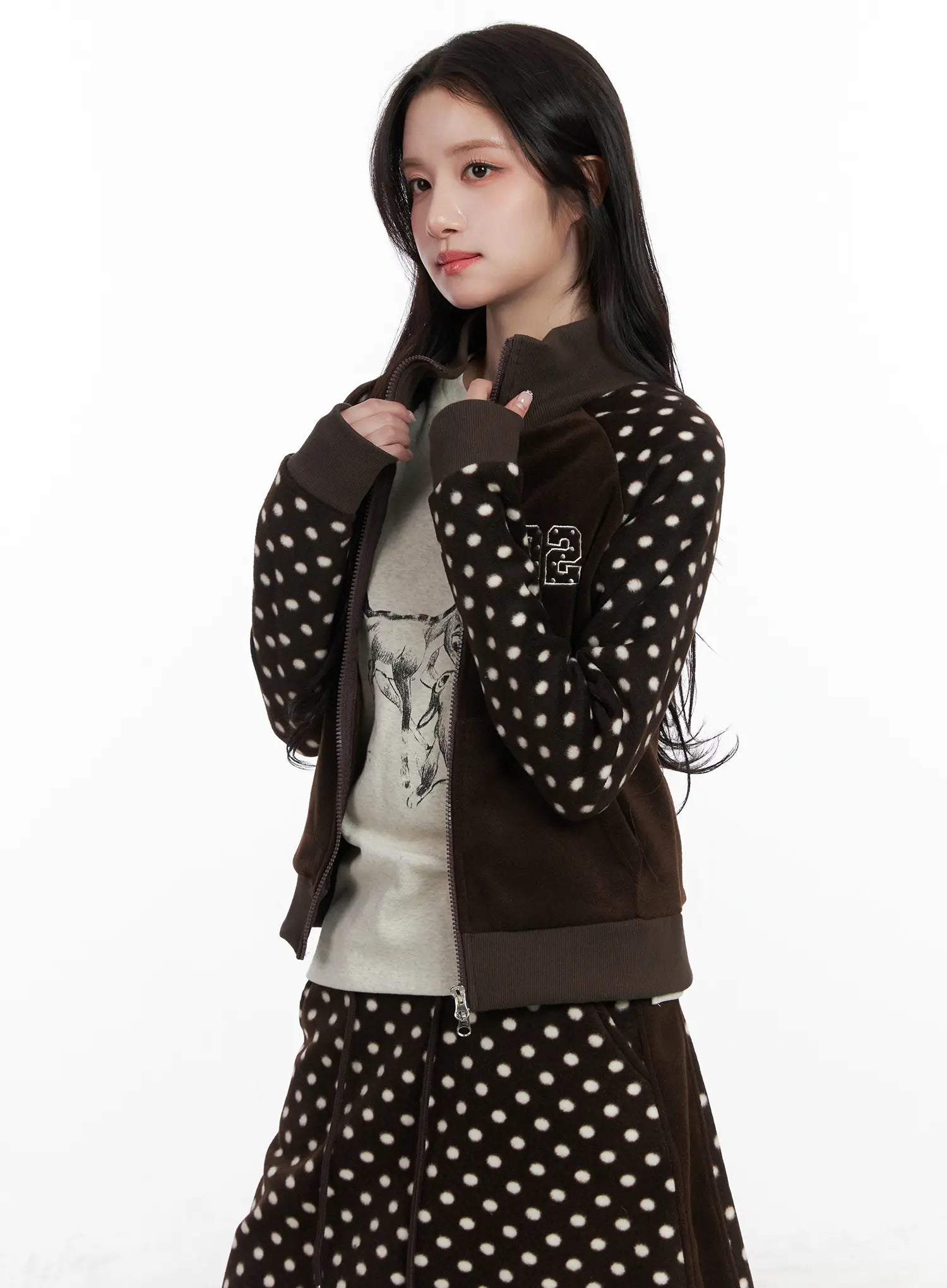 fleece-polka-dot-track-zip-up-cn527 / Brown