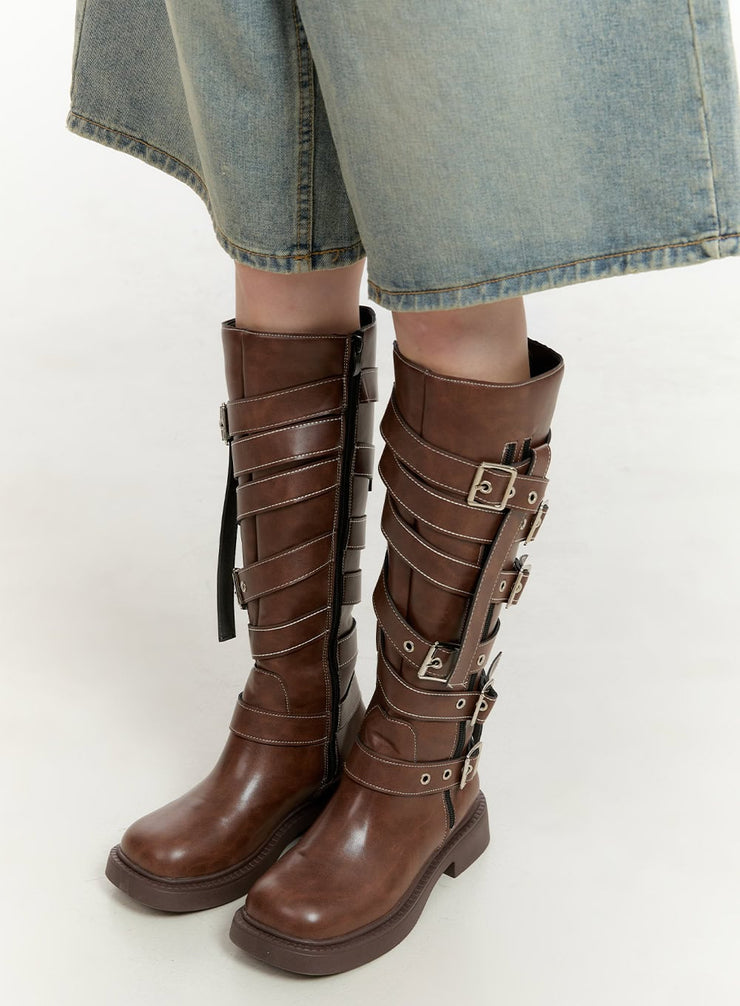 buckle-strap-faux-leather-long-boots-cg401 / Brown