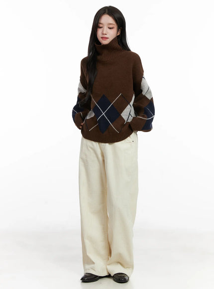 argyle-turtleneck-knit-sweater-cn526 / Brown