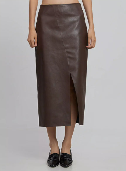 slit-faux-leather-maxi-skirt-id504 / Brown
