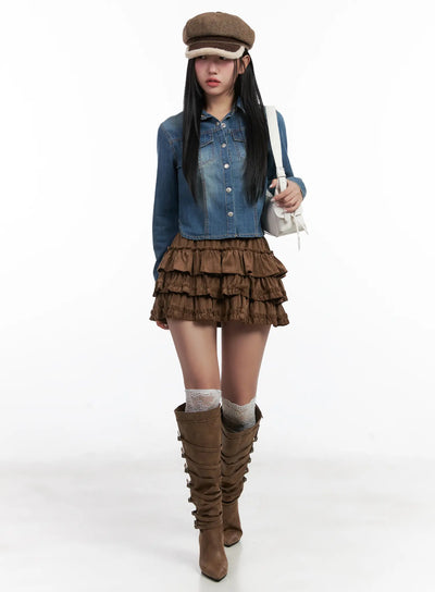 layered-ruffle-mini-skirt-cn528 / Brown