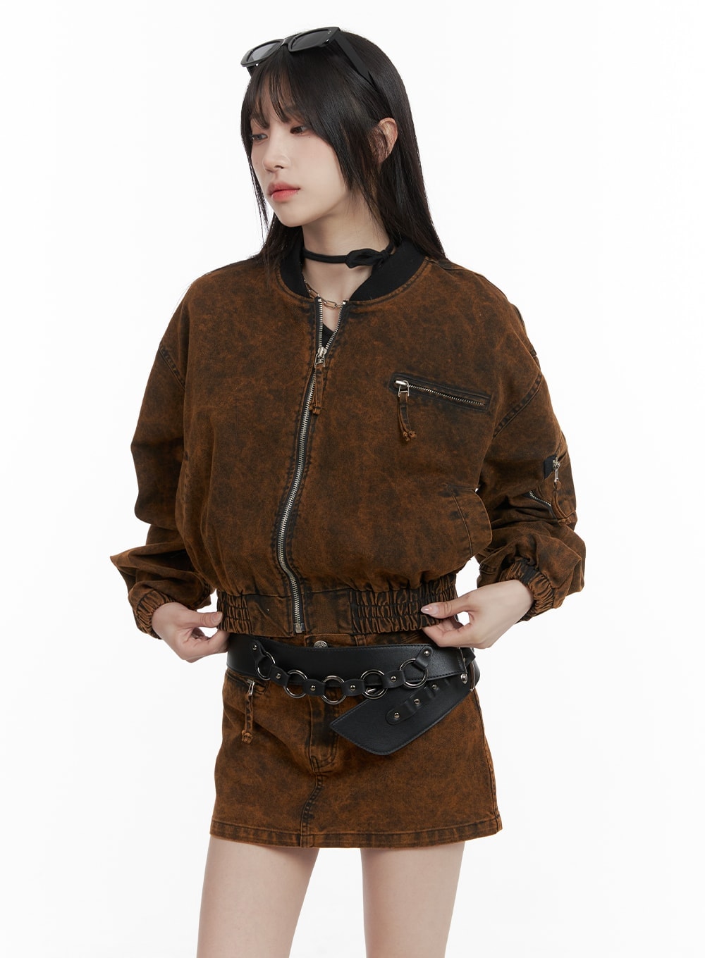 stand-collar-solid-denim-jacket-ca402 / Brown