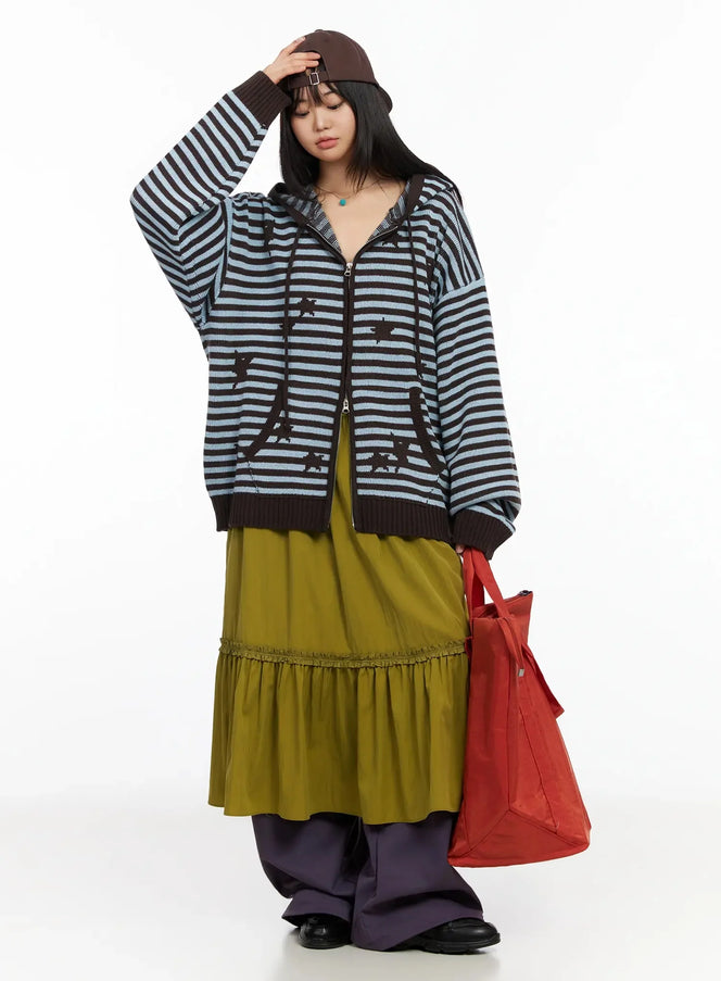 striped-star-pattern-zip-up-hoodie-ia523 / Brown