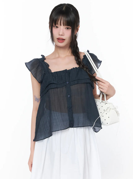 sheer-ruffle-sleeve-blouse-ca528 / Dark blue