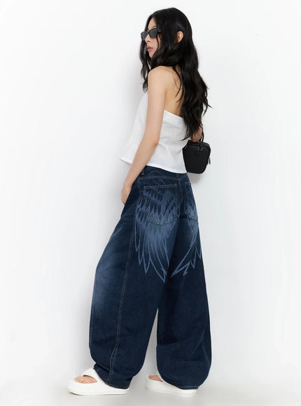 sohee-angel-wing-print-wide-leg-jeans / Dark blue