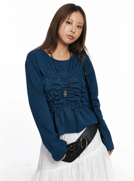 ruffled-ribbed-long-sleeve-top-co510 / Dark blue