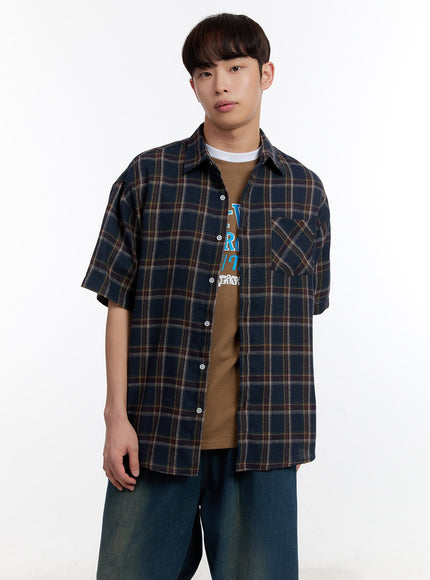 mens-plaid-collared-oversized-shirt-ia507 / Dark blue