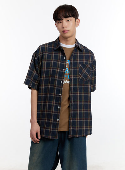 mens-plaid-collared-oversized-shirt-ia507 / Dark blue