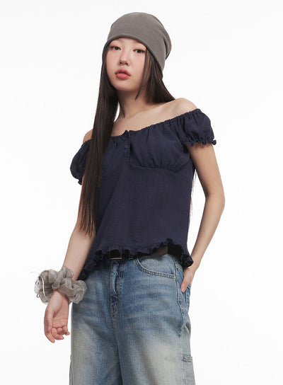 frill-buttoned-off-shoulder-blouse-top-im528 / Dark blue