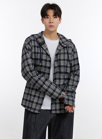 mens-oversize-checkered-hooded-shirt-im525 / Dark blue