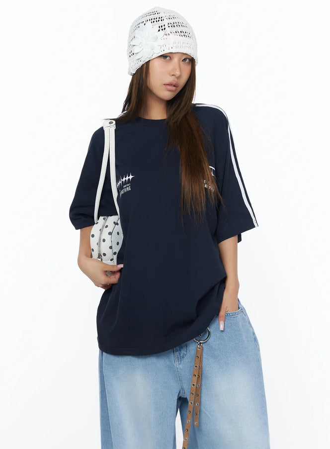 casual-striped-sleeve-tee-ca516 / Dark blue