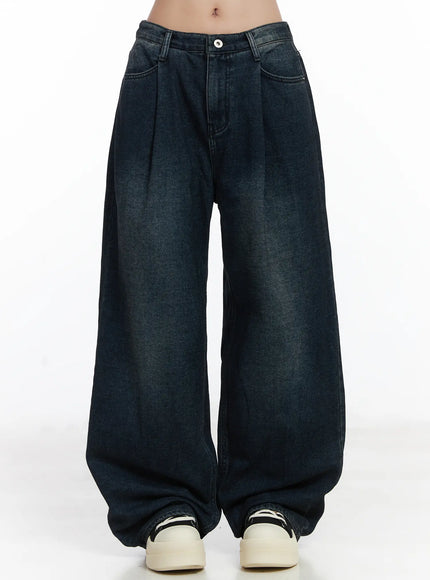 lettie-fleece-pintuck-wide-leg-jeans-cd529 / Dark blue