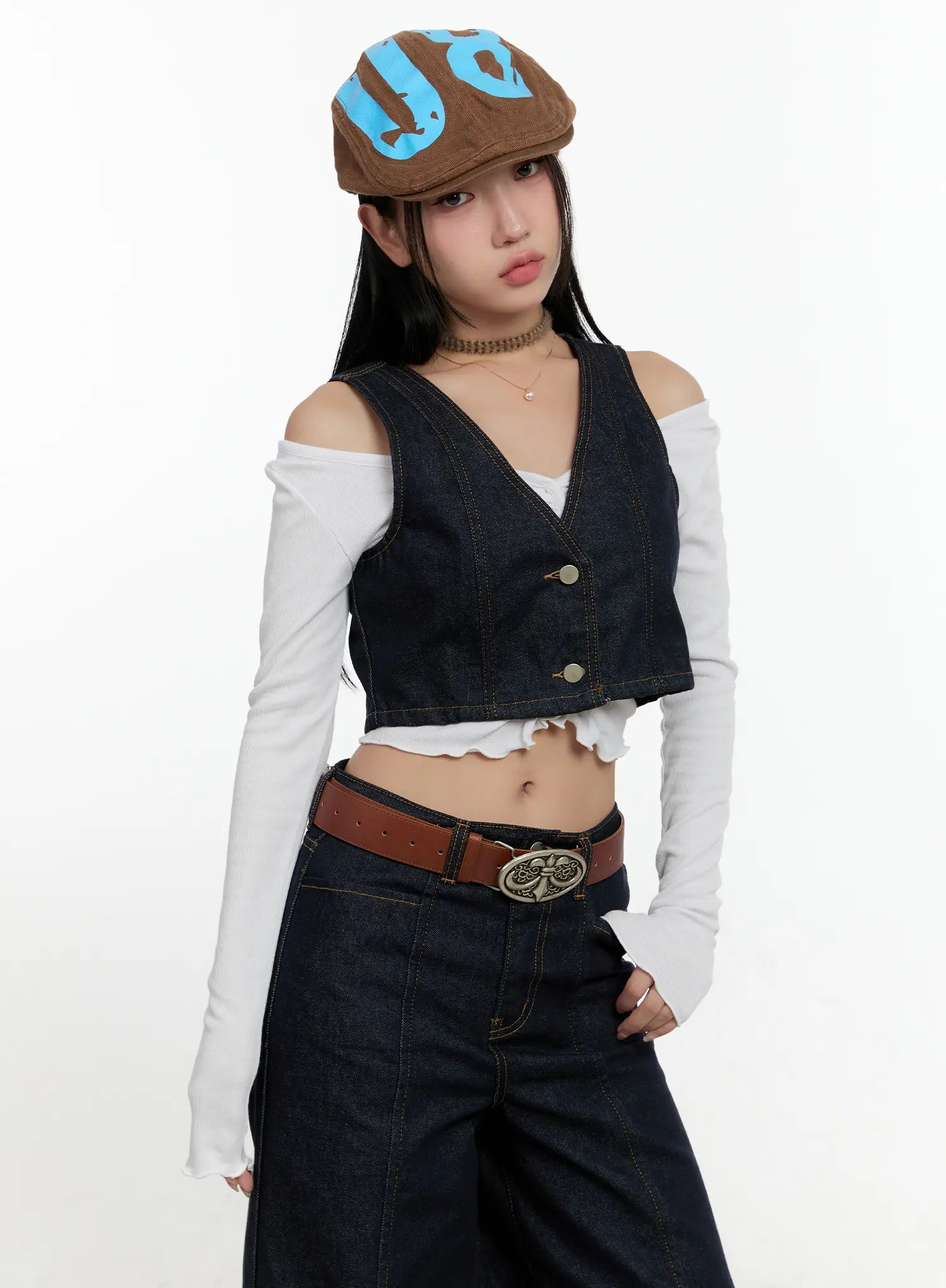 non-fade-button-denim-crop-vest-cn506 / Dark blue