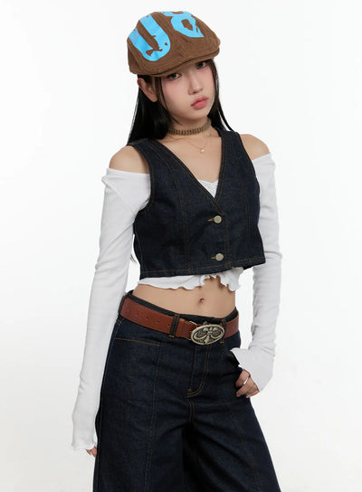 non-fade-button-denim-crop-vest-cn506 / Dark blue