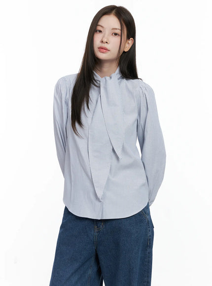 striped-puff-sleeve-tie-blouse-co506 / Dark blue