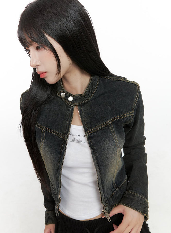 snap-button-neck-washed-denim-crop-jacket-cg430 / Dark blue