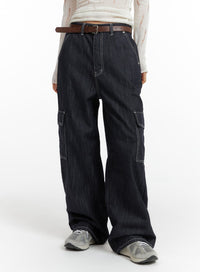 solid-baggy-cargo-jeans-cf416 / Dark blue