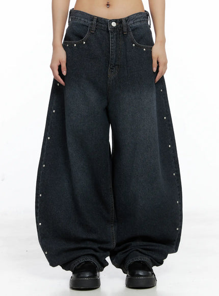 rivet-detail-washed-wide-leg-jeans-cs505 / Dark blue