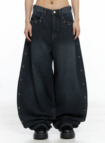 rivet-detail-washed-wide-leg-jeans-cs505 / Dark blue