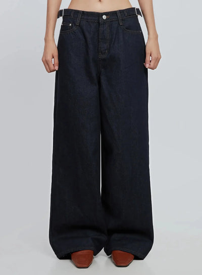 soobin-side-button-wide-leg-jeans-io530 / Dark blue