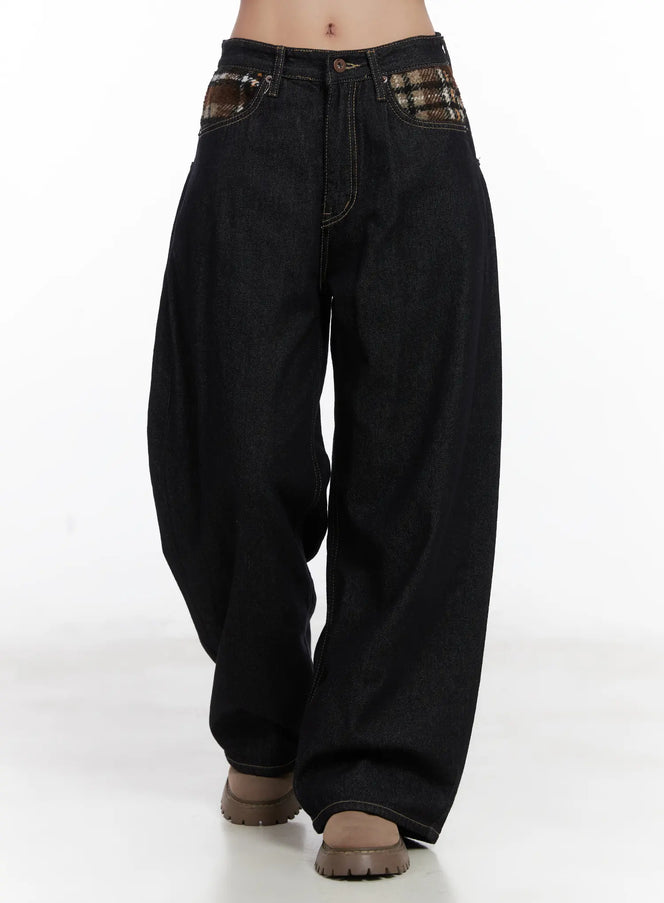 samara-plaid-accent-wide-leg-jeans-cd501 / Dark blue