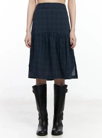 plaid-split-midi-skirt-f516 / Dark blue