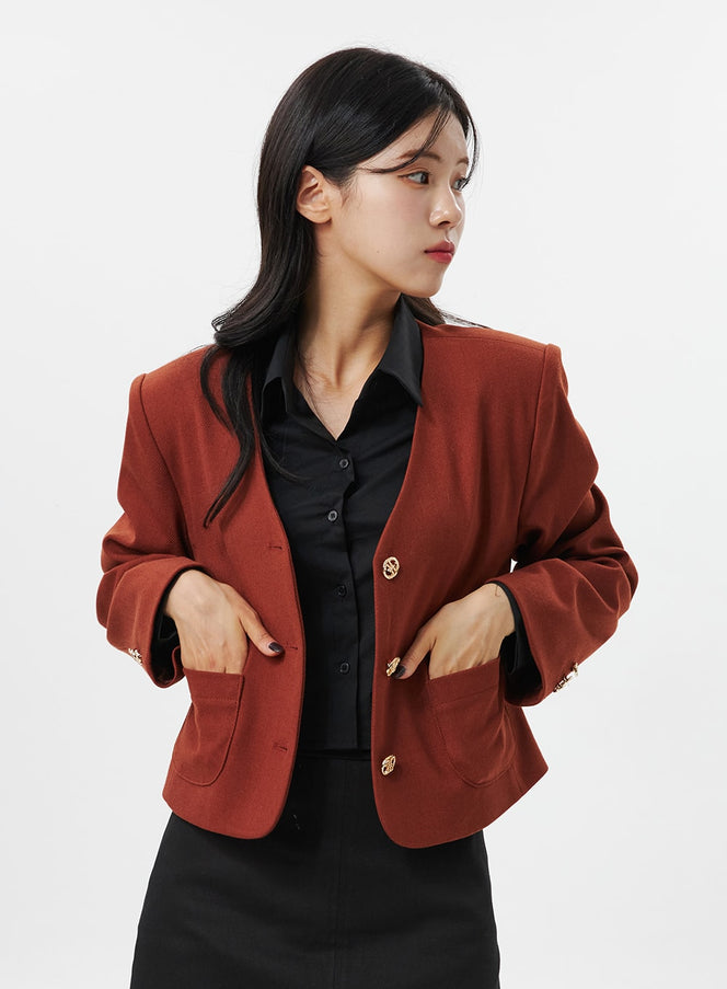 collarless-crop-blazer-jacket-oo312 / Dark brown