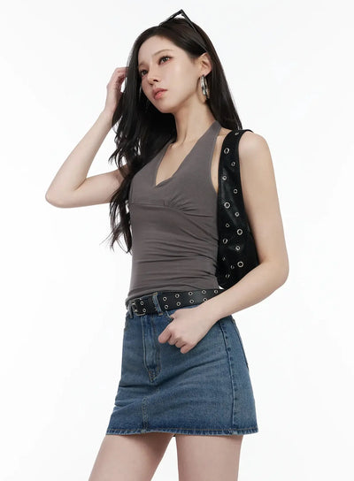 shirred-sleeveless-halter-neck-tank-top-ij528 / Dark brown