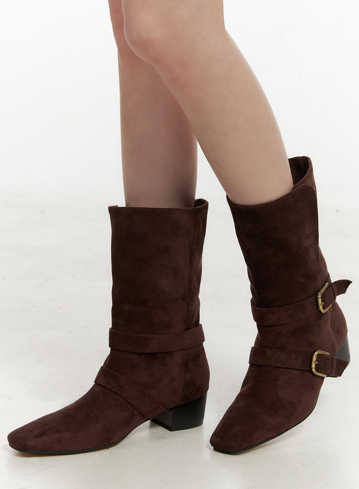 suede-buckle-mid-calf-boots-in427 / Dark brown