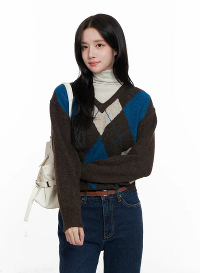 casual-argyle-long-sleeve-knit-co522 / Dark brown