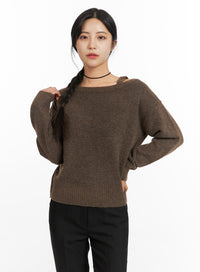 one-shoulder-knit-sweater-of419 / Dark brown