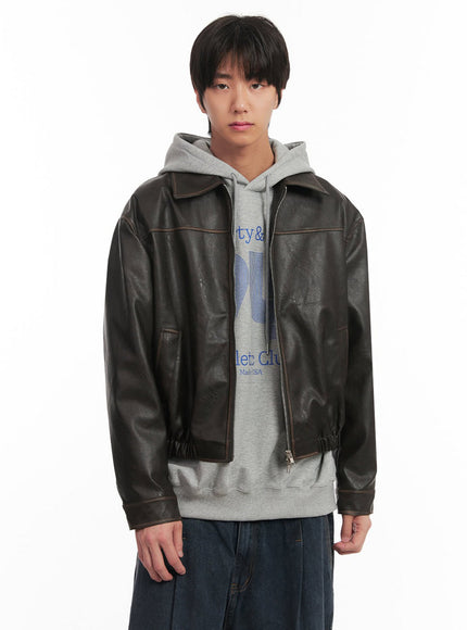 mens-vintage-faux-leather-collared-jacket-ia510 / Dark brown