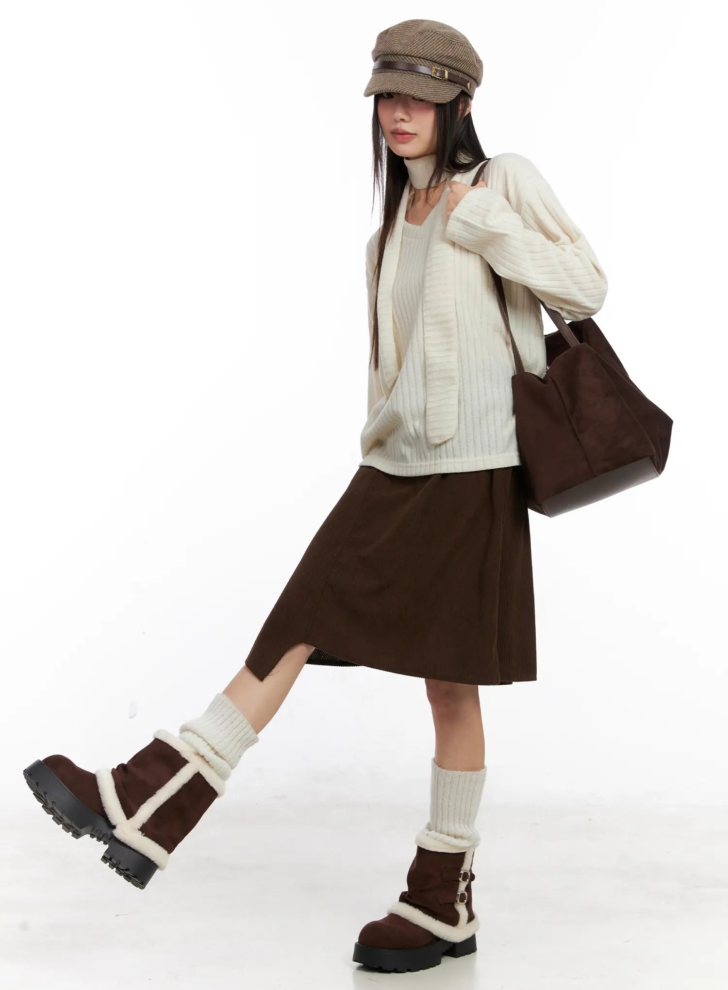 asymmetric-button-midi-skirt-cn521 / Dark brown