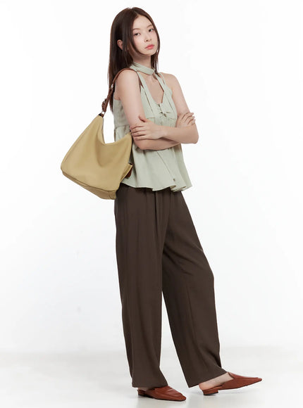 linen-wide-leg-trousers / Dark brown
