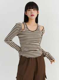 striped-v-neck-long-sleeve-cutout-top-co319 / Dark brown
