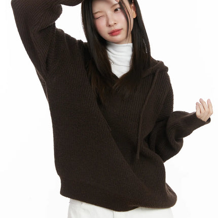 v-neck-knit-hoodie-cj507 / Dark brown