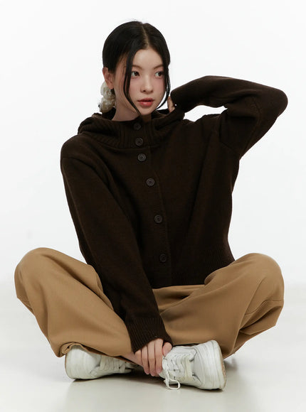 button-hooded-knit-cardigan-f502 / Dark brown