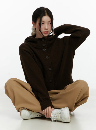 button-hooded-knit-cardigan-f502 / Dark brown