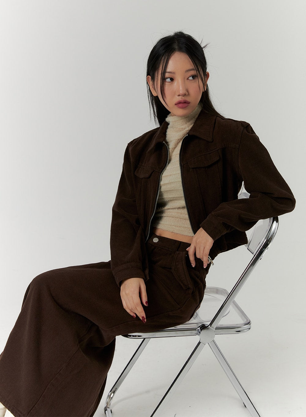 plush-pants-and-collar-zipper-jacket-cd315 / Dark brown