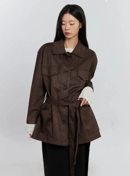 suede-style-button-up-jacket-is515 / Dark brown