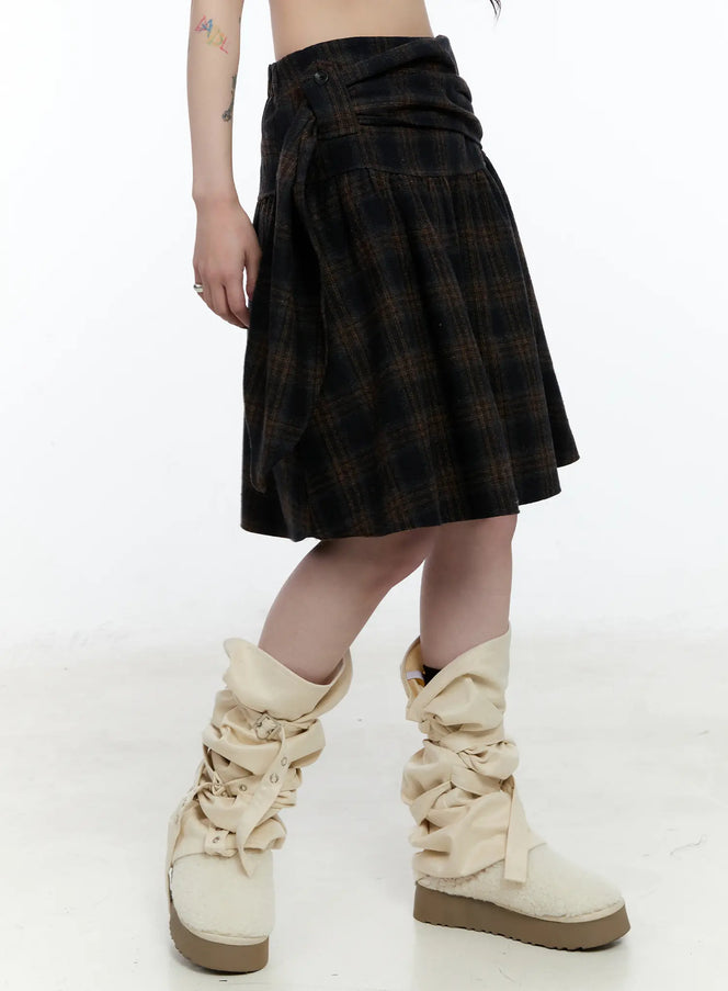 plaid-tie-wrap-midi-skirt-cn517 / Dark brown