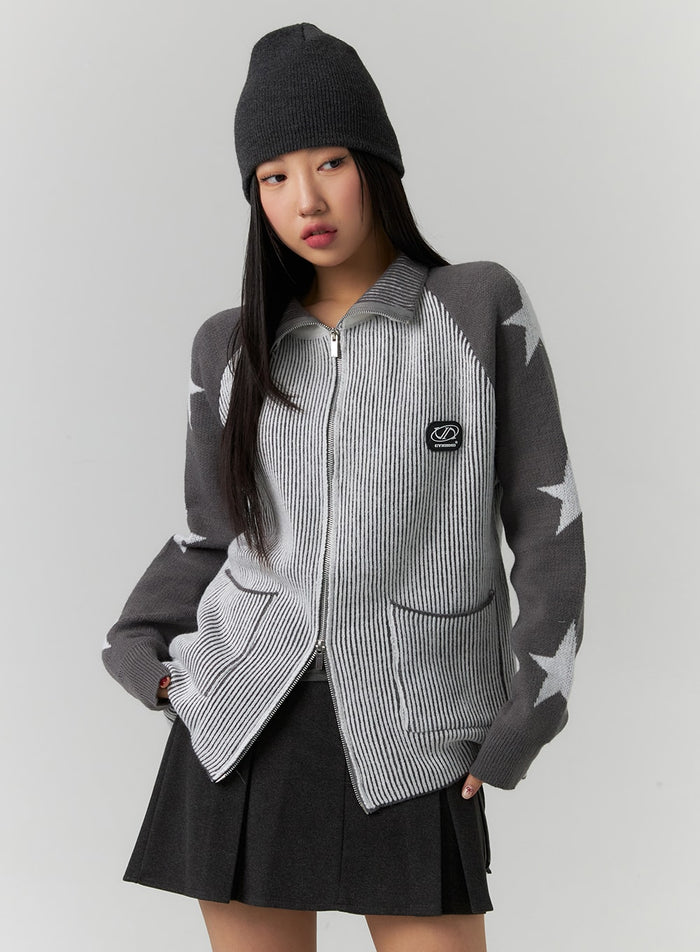 acubi-star-graphic-knit-zip-up-sweater-cd304 / Dark gray