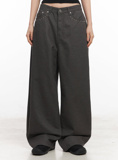 studded-cotton-wide-leg-pants-iy516 / Dark gray