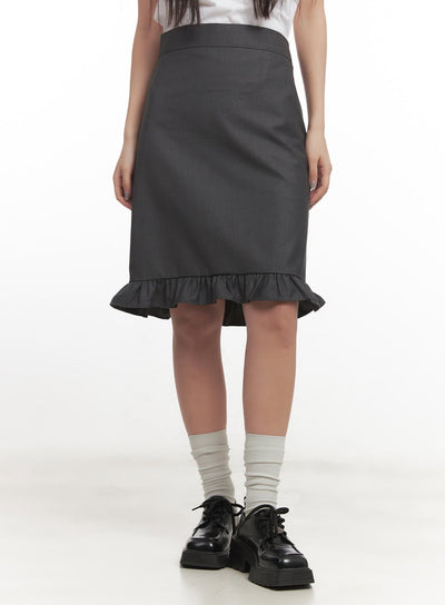 frill-straight-fit-midi-skirt-cf526 / Dark gray