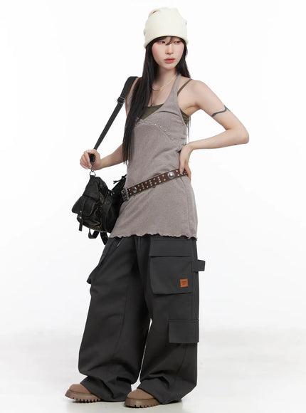 wide-leg-patch-pocket-cargo-pants-cf523 / Dark gray
